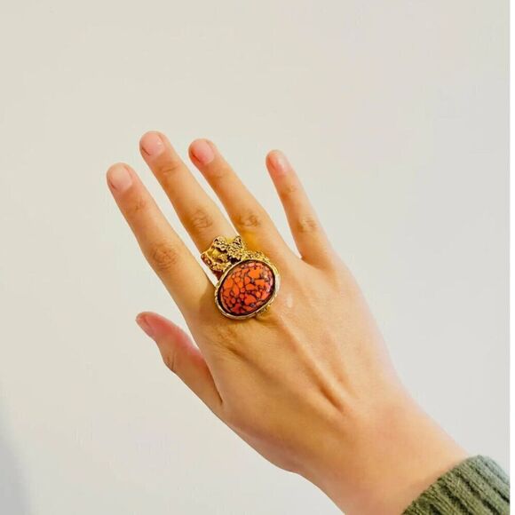 Yves Saint Laurent YSL 5 Arty Orange Coral Cabochon Limited RARE 24k Gold Ring - Picture 13 of 14